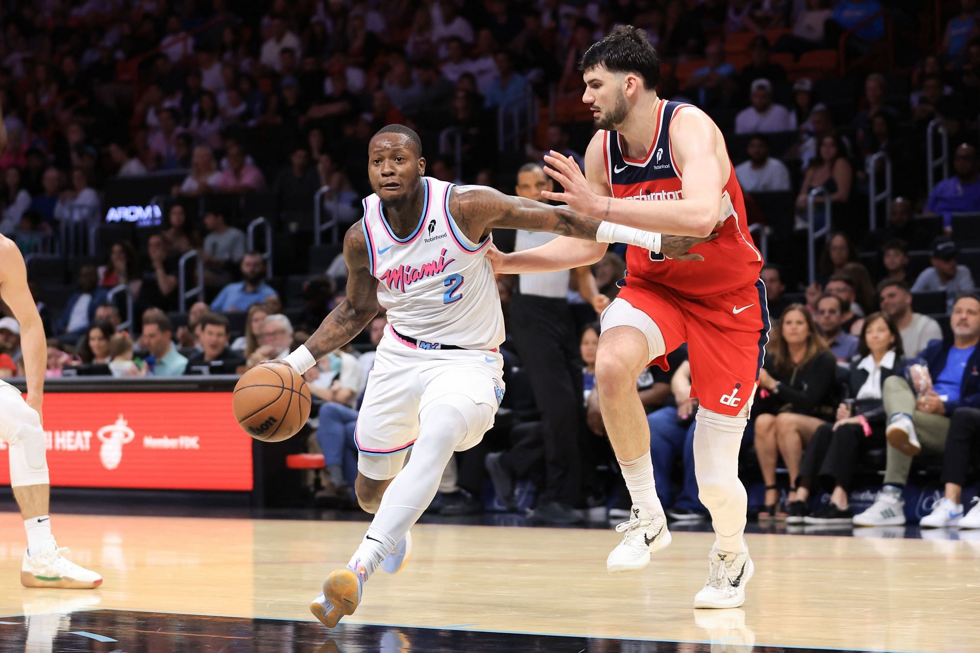 Terry Rozier #2 of the Miami Heat drives to the basket against the Washington Wizards during the fourth quarter of the game at Kaseya Center on April 13, 2025 in Miami, Florida. - Source: Getty